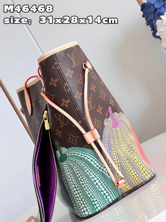 M46468 Pumpkin Collection Co-branded by maestro Yayoi Kusama This Neverfull medium handbag combines classic design with iconic details. Crafted from soft Monogram canvas, it features a colorful fabric lining and cowhide 