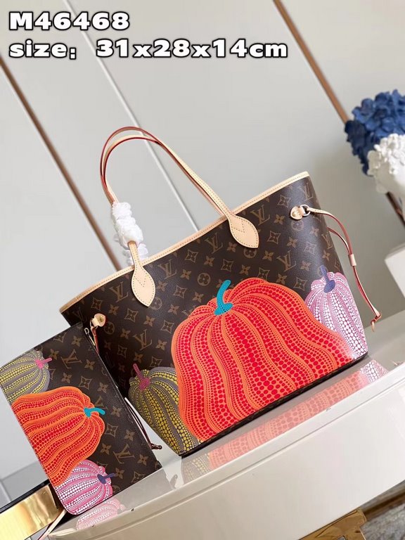 M46468 Pumpkin Collection Co-branded by maestro Yayoi Kusama This Neverfull medium handbag combines classic design with iconic details. Crafted from soft Monogram canvas, it features a colorful fabric lining and cowhide 