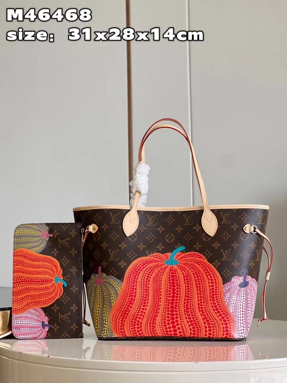 M46468 Pumpkin Collection Co-branded by maestro Yayoi Kusama This Neverfull medium handbag combines classic design with iconic details. Crafted from soft Monogram canvas, it features a colorful fabric lining and cowhide 