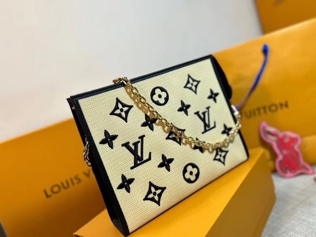 M82521, LV Wash Bag, Cosmetic Bag Chain is crafted from natural cotton with a black flower bet lettering pattern and coordinating leather trim. This model was inspired by the Poche Toilette cosmetic bag created in 1901, 