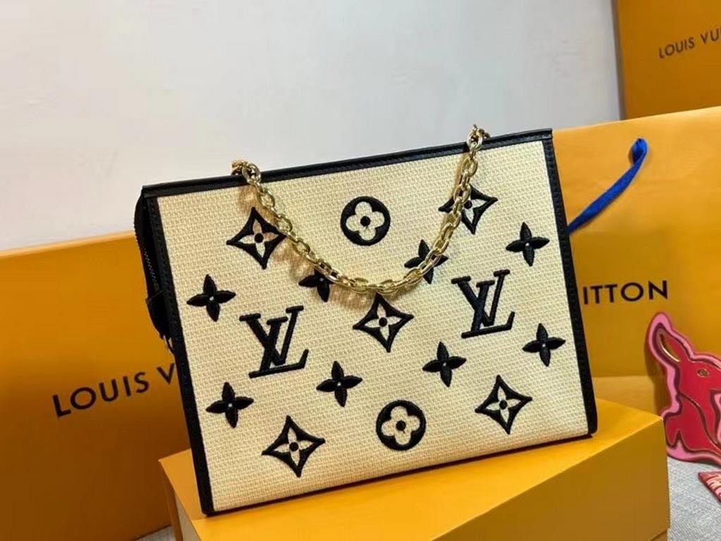 M82521, LV Wash Bag, Cosmetic Bag Chain is crafted from natural cotton with a black flower bet lettering pattern and coordinating leather trim. This model was inspired by the Poche Toilette cosmetic bag created in 1901, 