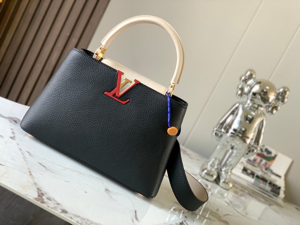 M59466 Black with Pearl Platinum Clasp]A modern clash of shades in full-grain cowhide leather, this medium Capucines bag features the iconic LV alphabet and side loops, top handles and a detachable shoulder strap for ver