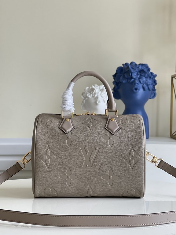 [EXCLUSIVE ACTUAL M58947 KHAKI] Speedy Bandoulière 25 handbag in Monogram Empreinte leather embossed with oversized LV letters, with a shoulder strap for added crossbody option. Dimensions 25.0 x 19.0 x 15.0 cm (L x H x 