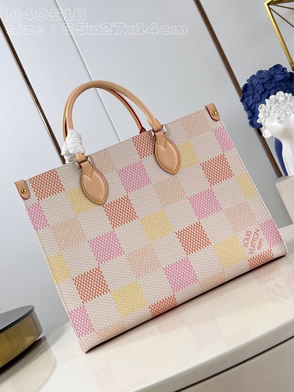 【Exclusive Actual N40518 Pink 】The OnTheGo MM tote bag is made of Damier Giant canvas and features an attractive color scheme that combines four different pastel shades. In addition to the two natural leather top carry h