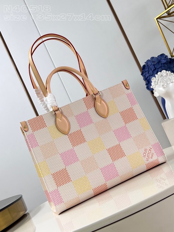 【Exclusive Actual N40518 Pink 】The OnTheGo MM tote bag is made of Damier Giant canvas and features an attractive color scheme that combines four different pastel shades. In addition to the two natural leather top carry h