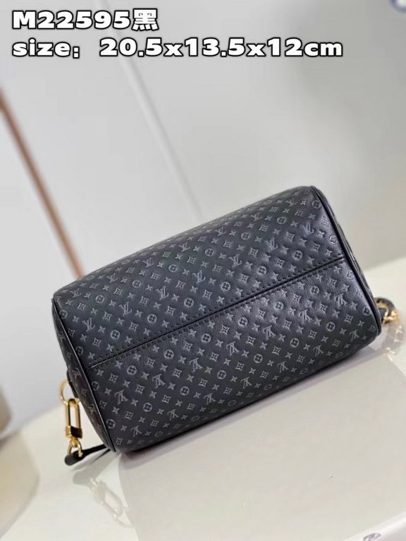 M22595 Black The Speedy 20 handbag from the Nanogram special collection is made of cowhide leather with a miniature version of the Monogram pattern. The chic silhouette is recognizable by its engraved padlock and feature