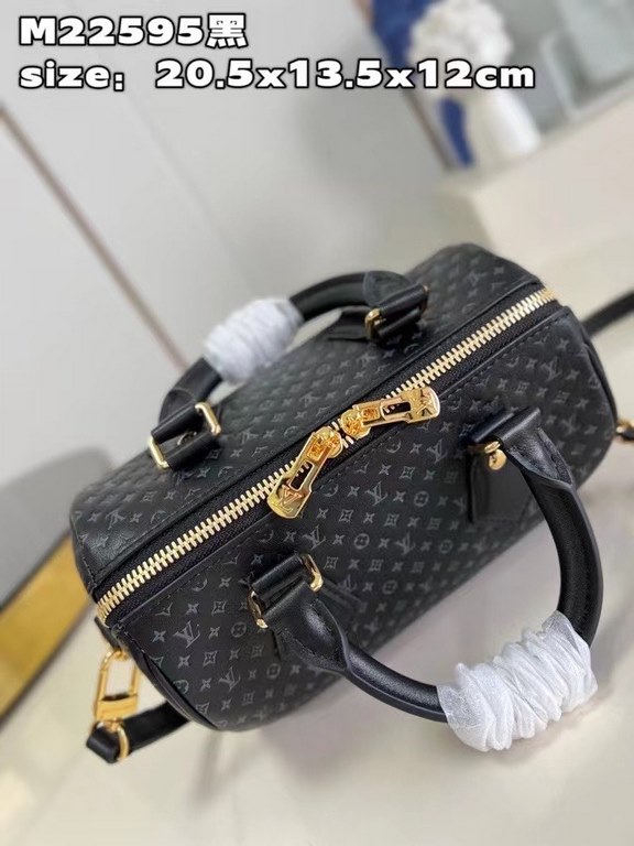 M22595 Black The Speedy 20 handbag from the Nanogram special collection is made of cowhide leather with a miniature version of the Monogram pattern. The chic silhouette is recognizable by its engraved padlock and feature