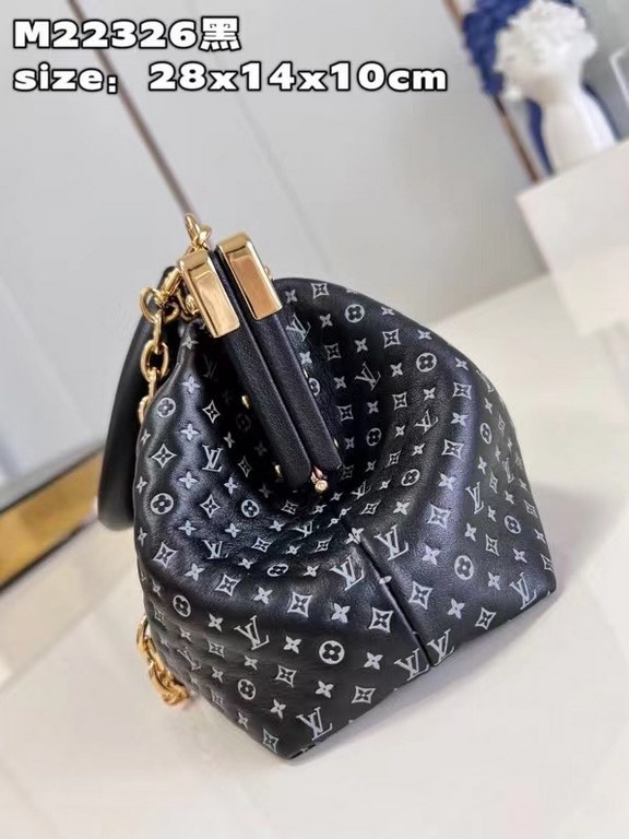 M22326 Black Cloud Bag From the Nanogram Special Collection, the Monogram Clutch is a soft cowhide leather bag with a whimsically proportioned Monogram embossed pattern in a slightly two-tone effect. The rotating handle 