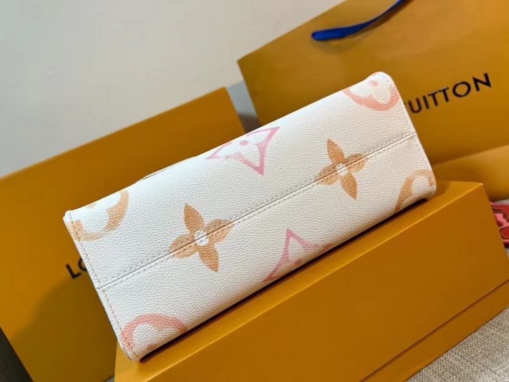 M22976 Apricot, this OnTheGo small pouch is made of canvas with a muted Giant Monogram pattern, and the trim and top handles are traced with a subtle Monogram floral pattern inspired by traditional Portuguese flower tile