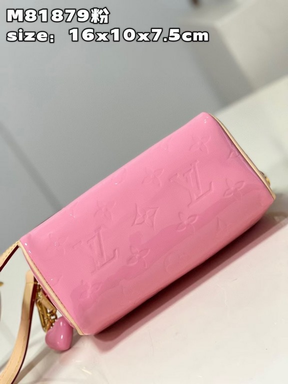 M81879 in pink patent leather! The Nano Speedy is a distillation of Louis Vuitton's classic Speedy configuration in Monogram Vernis-embossed patent cowhide with cowhide detailing and metal hardware. The handles and detac