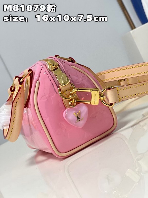 M81879 in pink patent leather! The Nano Speedy is a distillation of Louis Vuitton's classic Speedy configuration in Monogram Vernis-embossed patent cowhide with cowhide detailing and metal hardware. The handles and detac