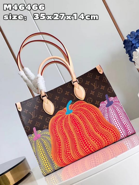 M46466 From the new Louis Vuitton x Yayoi Kusama collaboration, the LV x YK OnTheGo Medium Bag explores the pumpkin as a symbol of warmth in the eyes of the renowned Japanese artist. Yayoi Kusama's signature polka dots d