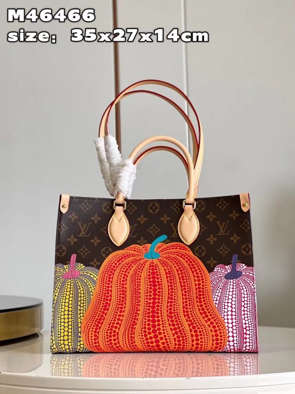 M46466 From the new Louis Vuitton x Yayoi Kusama collaboration, the LV x YK OnTheGo Medium Bag explores the pumpkin as a symbol of warmth in the eyes of the renowned Japanese artist. Yayoi Kusama's signature polka dots d