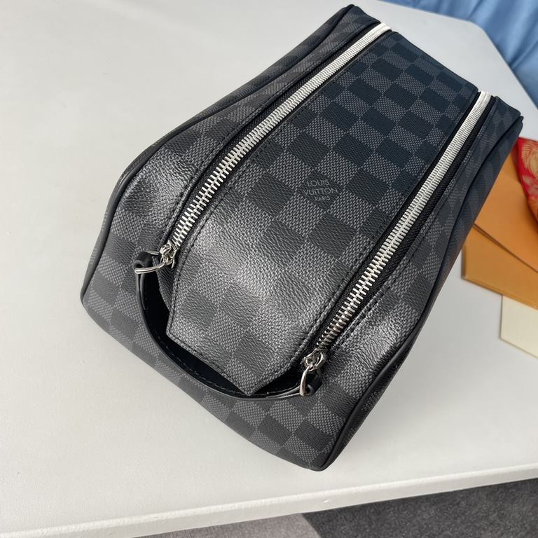 Top    Overseas Original N47528 Exclusive Photographs! The Dopp Toiletry Bag is a tough design in classic Damier Graphite canvas with cowhide trim and double zippers that conceal plenty of interior space for toiletries a