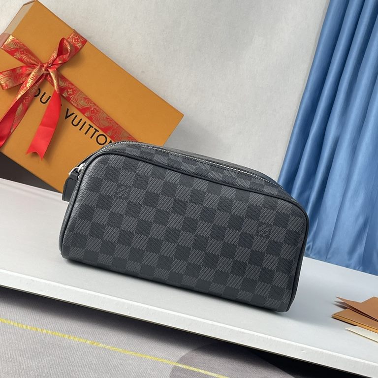 Top    Overseas Original N47528 Exclusive Photographs! The Dopp Toiletry Bag is a tough design in classic Damier Graphite canvas with cowhide trim and double zippers that conceal plenty of interior space for toiletries a