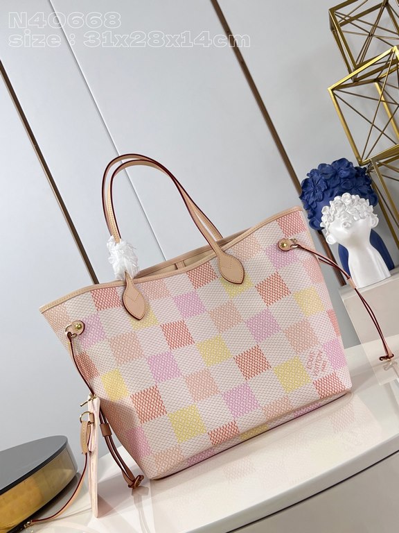 Exclusive N40668 】This Neverfull medium bag is made of Damier Giant canvas in pastel shades, the same material that shapes the interior's detachable zippered coin pocket. Relax the side straps to transform the compact si