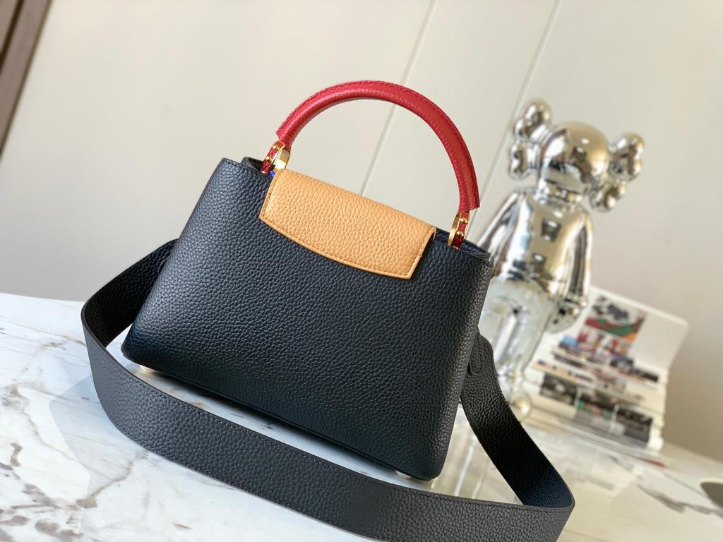 M59465 Black with Crimson Gold Buckle]A modern clash of shades in full-grain cowhide leather, this Capucines BB bag features the iconic LV alphabet and side loops, top handles and a detachable shoulder strap for versatil