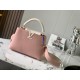 M59465 Rose Pink with Pearl Platinum Buckle]A modern clash of shades in full-grain cowhide leather, this Capucines BB bag features the iconic LV alphabet and side loops, top handles and a detachable shoulder strap for ve