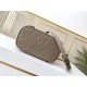 Top of the lineM45608 Embossed Elephant Gray This Vanity pouch combines Giant Monogram embossing, elegant shaping and leather top handles. Leather tassels open the zipper with ease and a padlock keeps it secure. The deta