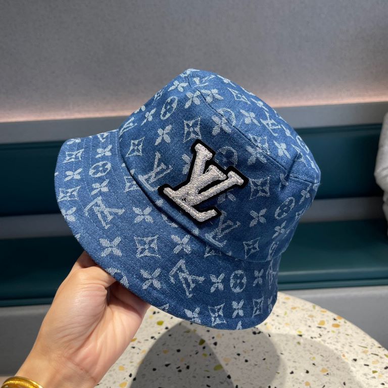 Lv embroidered lettering patchwork washed denim embroidered fisherman hatWashed denim color, show the same model, soft and comfortable fabricsHundreds of casual models, closed eyes into!