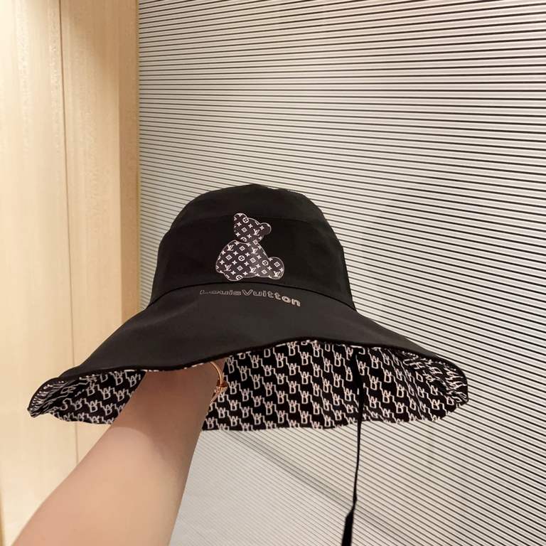 with dust bag [LV Louis Vuitton] 2023 spring and summer new large-brimmed double-sided big brand bear fisherman's hat, sunshade big models super good with the closed eyes into one of the