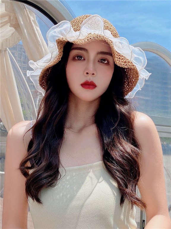 lv summer seaside leisure beach hat hundred with mesh pearl straw fisherman hat foldable hat outing sun hat