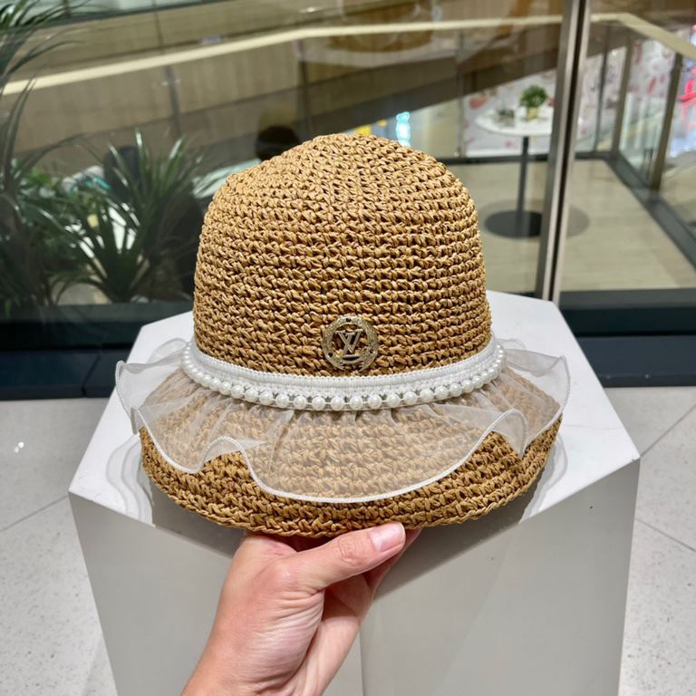 lv summer seaside leisure beach hat hundred with mesh pearl straw fisherman hat foldable hat outing sun hat