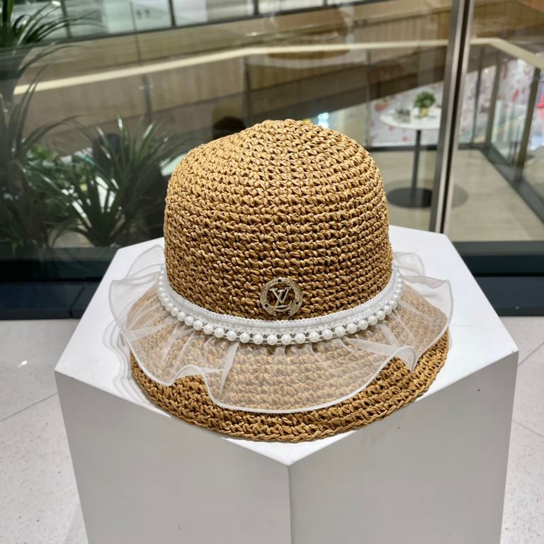 lv summer seaside leisure beach hat hundred with mesh pearl straw fisherman hat foldable hat outing sun hat