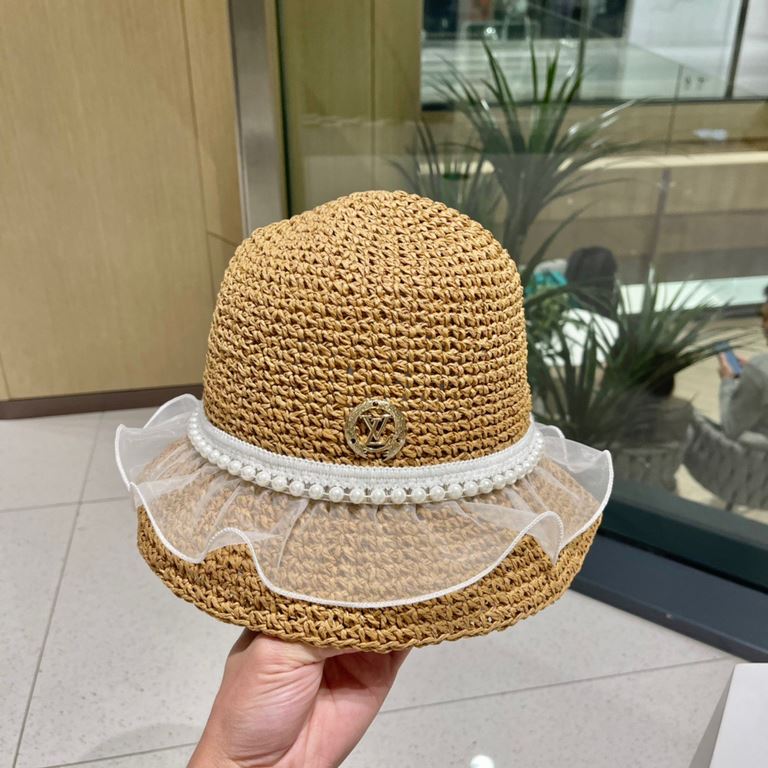 lv summer seaside leisure beach hat hundred with mesh pearl straw fisherman hat foldable hat outing sun hat