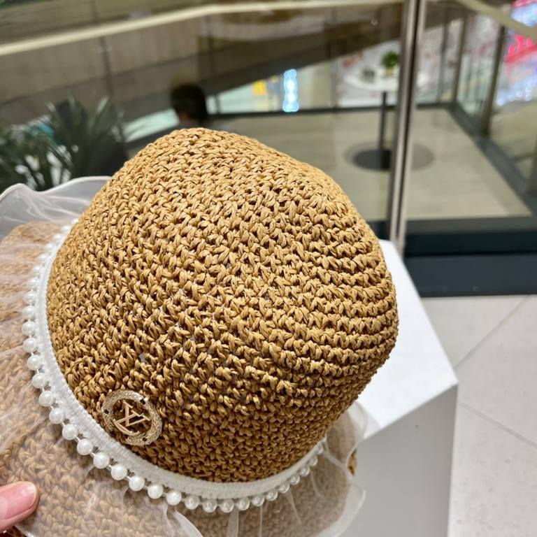 lv summer seaside leisure beach hat hundred with mesh pearl straw fisherman hat foldable hat outing sun hat