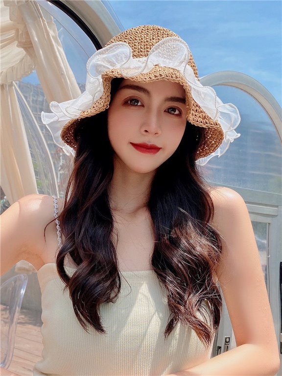 lv summer seaside leisure beach hat hundred with mesh pearl straw fisherman hat foldable hat outing sun hat