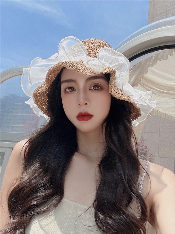 lv summer seaside leisure beach hat hundred with mesh pearl straw fisherman hat foldable hat outing sun hat