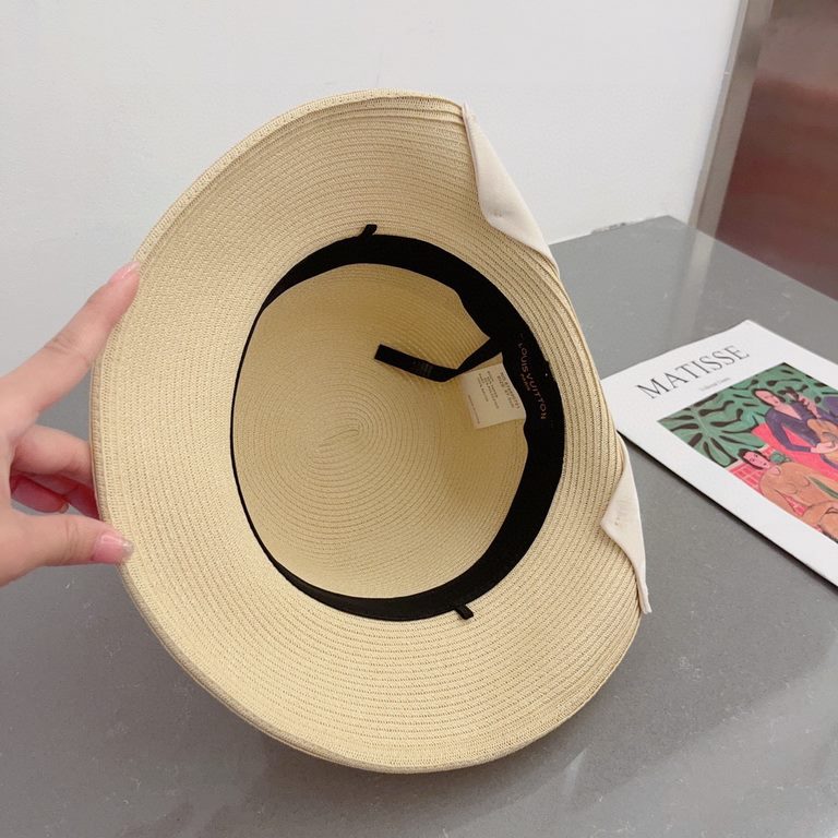 ￥LV Louis Vuitton Straw Hat, rolled brim design, old flower webbing, celebrity style, head circumference 57cm