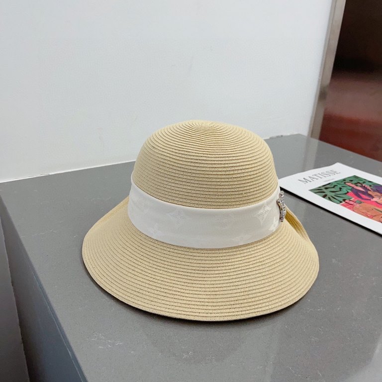 ￥LV Louis Vuitton Straw Hat, rolled brim design, old flower webbing, celebrity style, head circumference 57cm