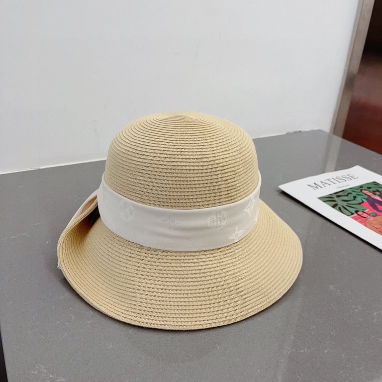 ￥LV Louis Vuitton Straw Hat, rolled brim design, old flower webbing, celebrity style, head circumference 57cm