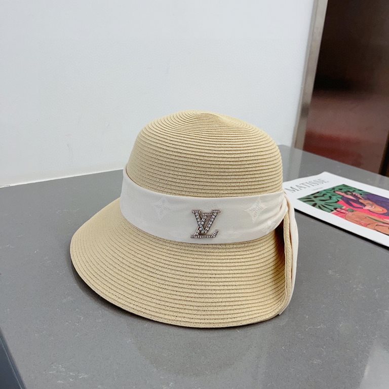 ￥LV Louis Vuitton Straw Hat, rolled brim design, old flower webbing, celebrity style, head circumference 57cm