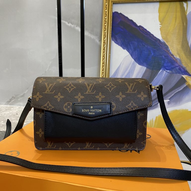 New LV Old Flower With Leather Flap Shoulder Crossbody Bag, Model 66832 , With Shoulder Strap, 2021 Spring New Fashion Women's Bags Shoulder Bag Old Flower Leather Shoulder Leather Handbag with Leather Strap, Internal Th