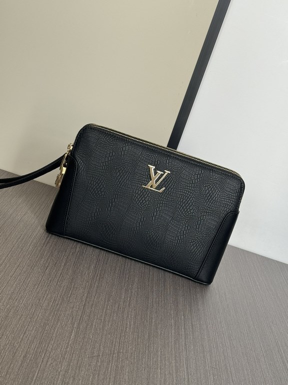 Top counter rats high-end goods 2024 latest hot models LV double zipper password lock imported head layer cowhide clutch bag fire models a large number of shipments, clamoring counter goods   top original single goods   