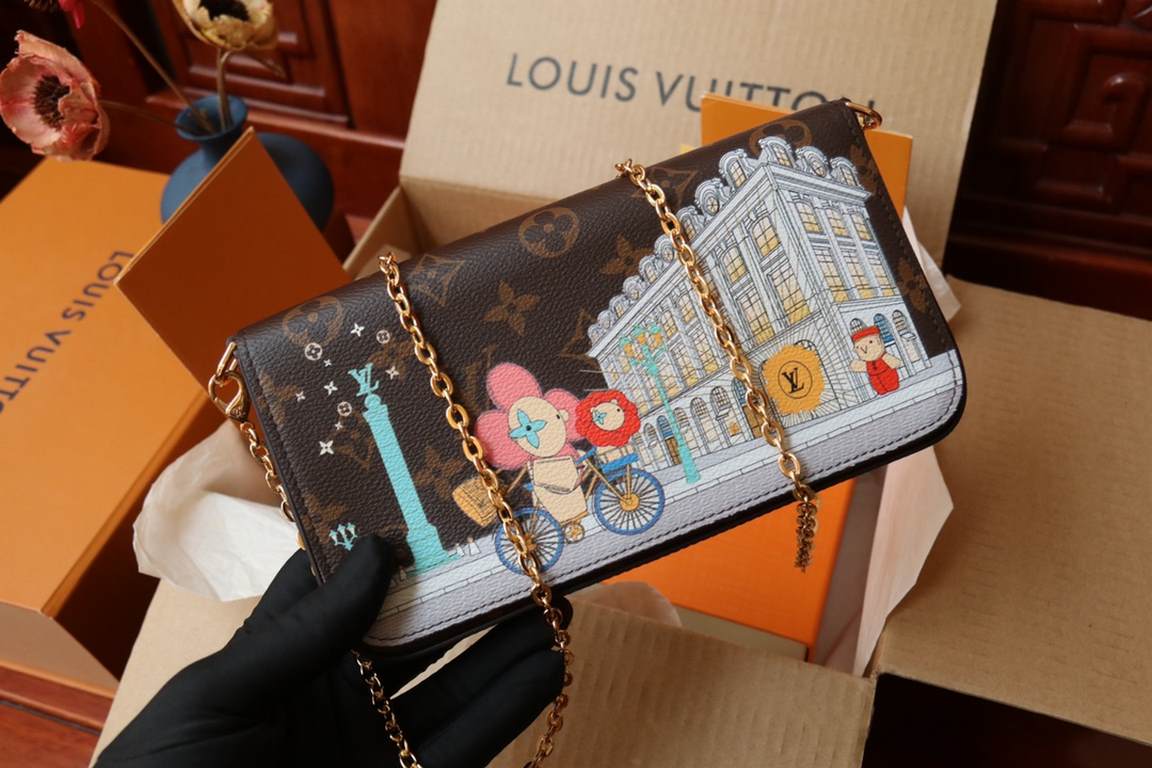 M81545 three-piece setThis Félicie Pochette bag in Monogram canvas features a chic print depicting the brand's mascot, Vivienne, and a California bear traveling in a convertible down Hollywood Boulevard, past LV restaura