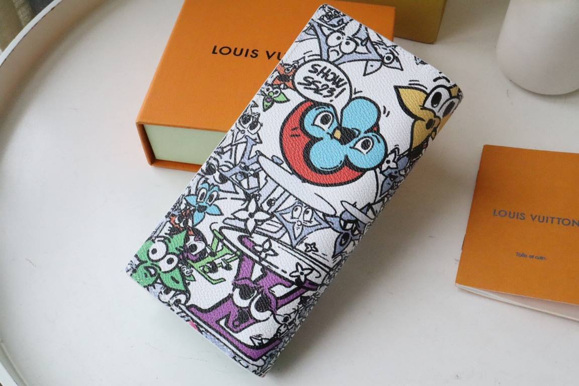 This Brazza wallet M82011  is made of coated canvas.Made of coated canvas, the floral pattern and LV logo are interpreted as a cartoon character's wide-eyed expression of wonder and surprise, a cartoonish homage to the M