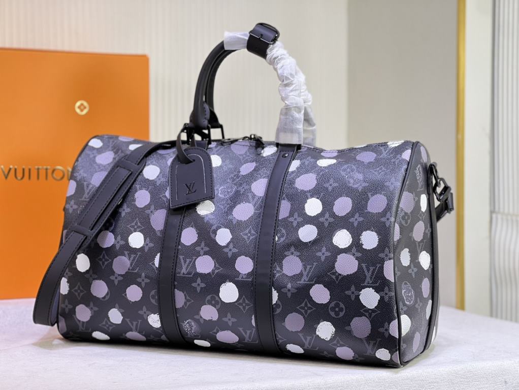 From the Louis Vuitton x Yayoi Kusama collaboration, the  M46400 M41416 LV x YK Keepall 45 travel bag celebrates the fusion of artistic creativity and craftsmanship with polka dots on Monogram Eclipse canvas, once again 