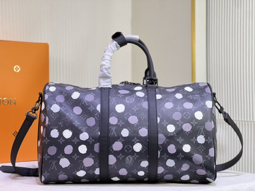 From the Louis Vuitton x Yayoi Kusama collaboration, the  M46400 M41416 LV x YK Keepall 45 travel bag celebrates the fusion of artistic creativity and craftsmanship with polka dots on Monogram Eclipse canvas, once again 