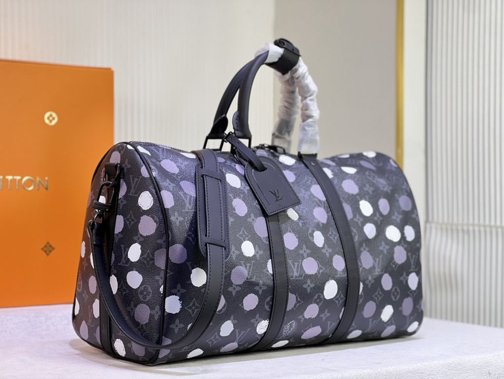 From the Louis Vuitton x Yayoi Kusama collaboration, the  M46400 M41416 LV x YK Keepall 45 travel bag celebrates the fusion of artistic creativity and craftsmanship with polka dots on Monogram Eclipse canvas, once again 