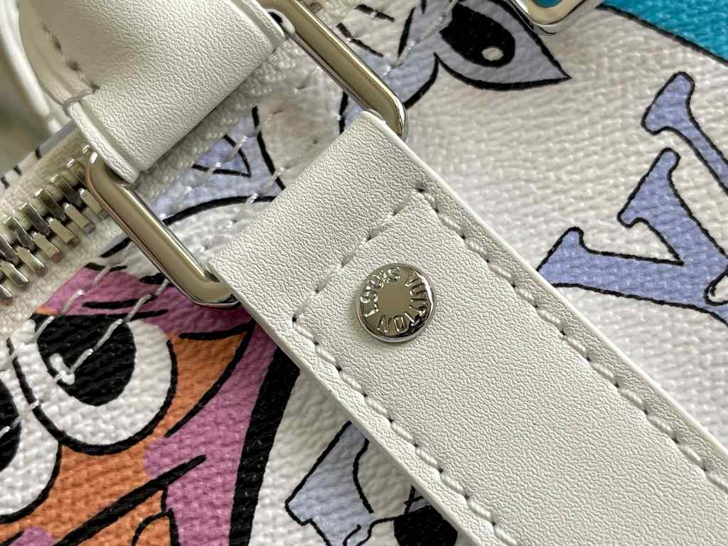 M21863 M21863 The Keepall Bandoulière 50 travel bag is a cartoonish variation of the Monogram depicted on canvas, giving the Monogram flowers and LV letters a richness of emotion that can be either sad or happy. The top 