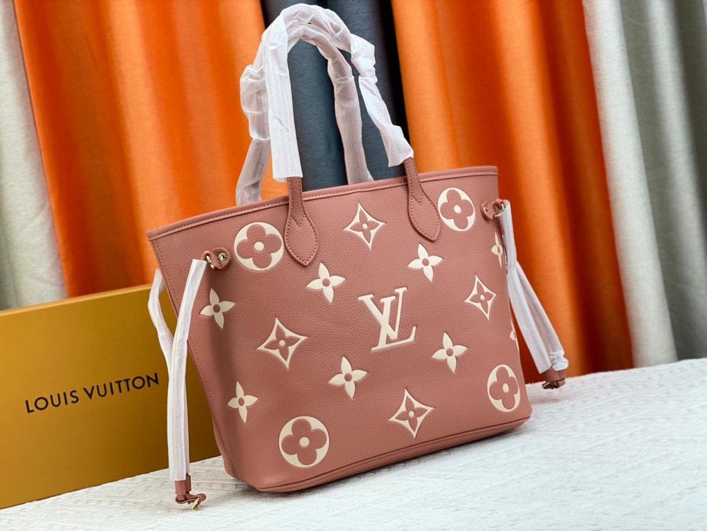 【Unique Real Home Shot】【NEVERFULL Medium Handbag】 m45684 m46329 Pink m40995 (Silkscreen) tote mm tote bag is made of embossed montano leather with cream monochrome stripes and LVs on a pink background. The versatile, loo