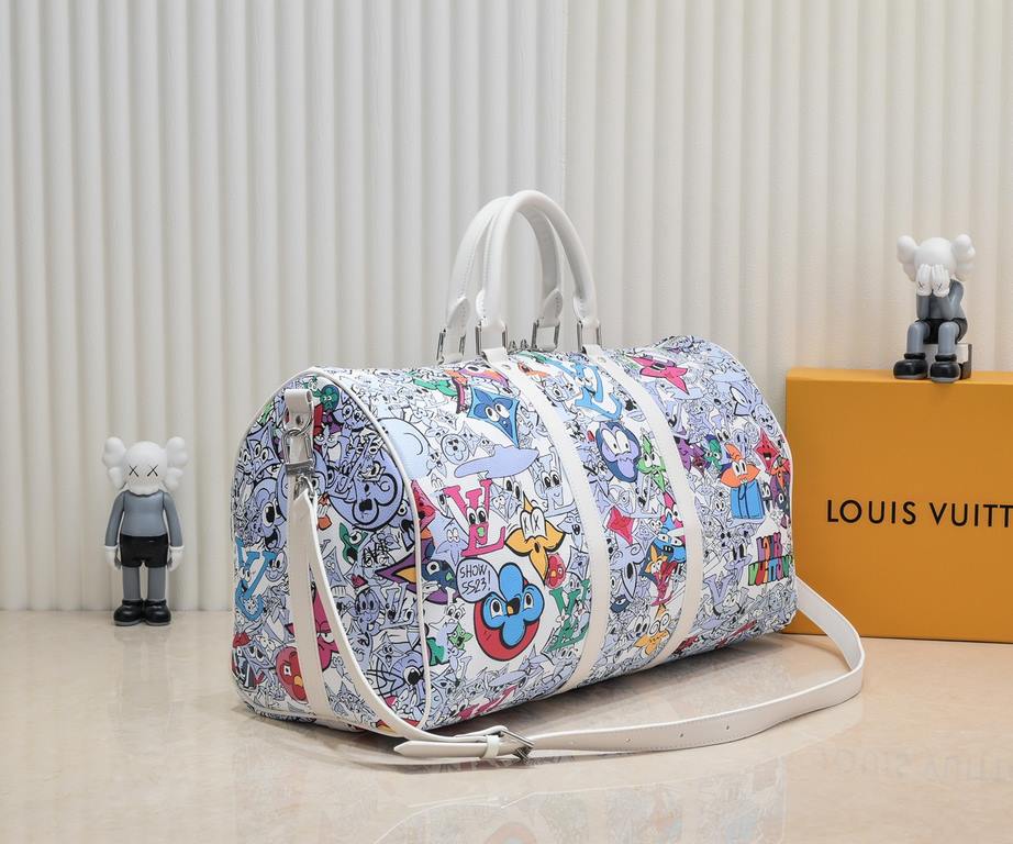 Lot   M21863 This Keepall Bandoulière 50 travel bag transforms the cartoon character depicting the Monogram motif on canvas, giving the Monogram flowers and LV letters a richness of emotion that can be either sad or happ