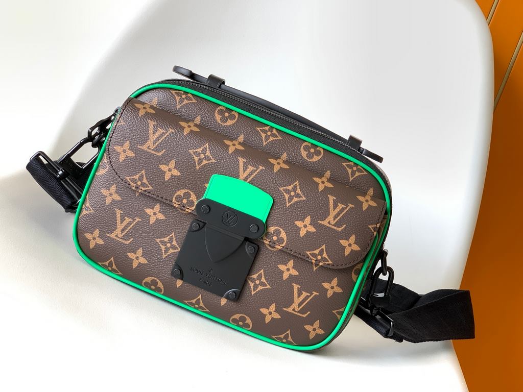 Top quality original and exclusive This S Lock messenger bag M58489 embossed M45806 black M45836 blue M46243 purple M46246 green is made of Monogram Macassar canvas and features a new closure inspired by Georges Vuitton'