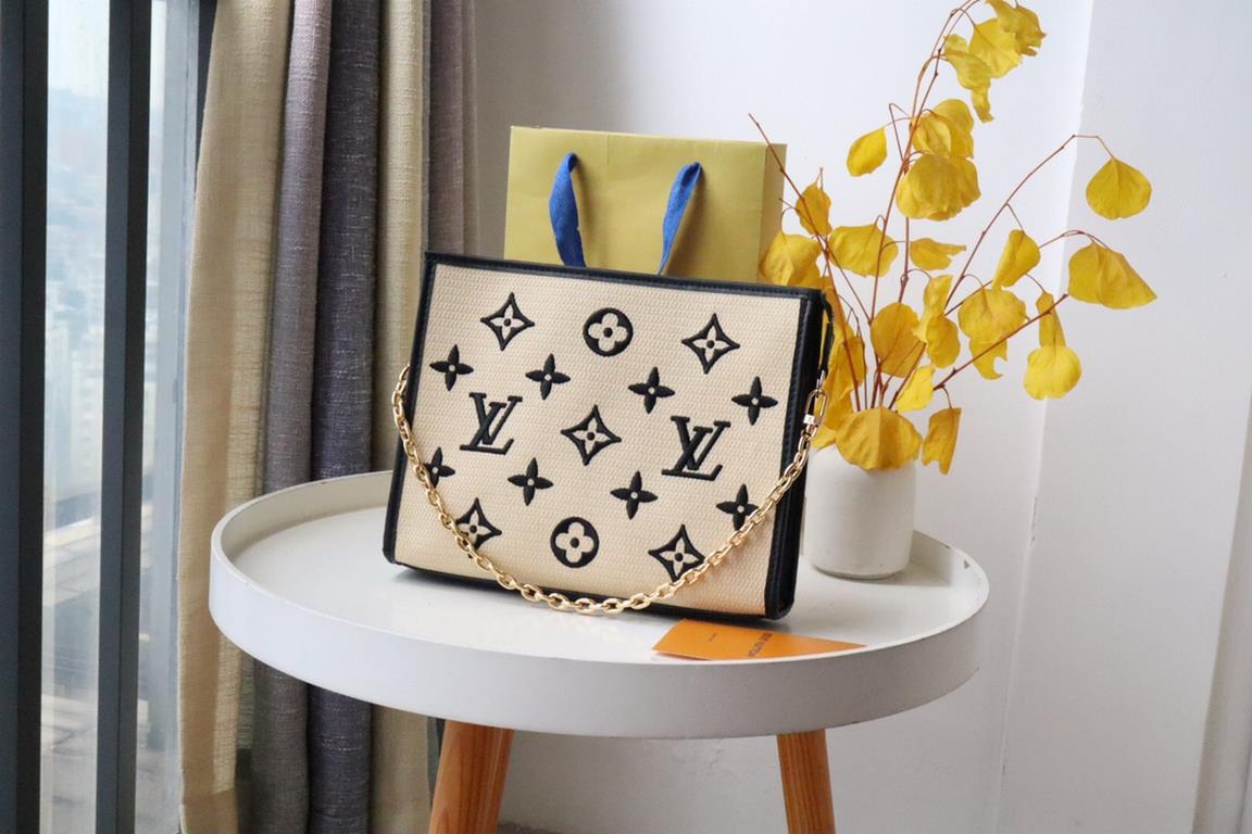 M82521 HandbagTote bag made from natural cotton fabric decorated with a black monogram pattern and matching leather trim. Inspired by the 1901 Poche Toilette cosmetic bag designed by Louis. Witton's many clients, the Poc