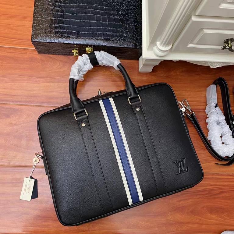 Counter genuine for sale [top original quality] LV Louis. Weideng men's briefcase Model 3336-1 (black between blue and white with lock) Size 39  7  29cm original factory production, must be a fine product Heavy gold play