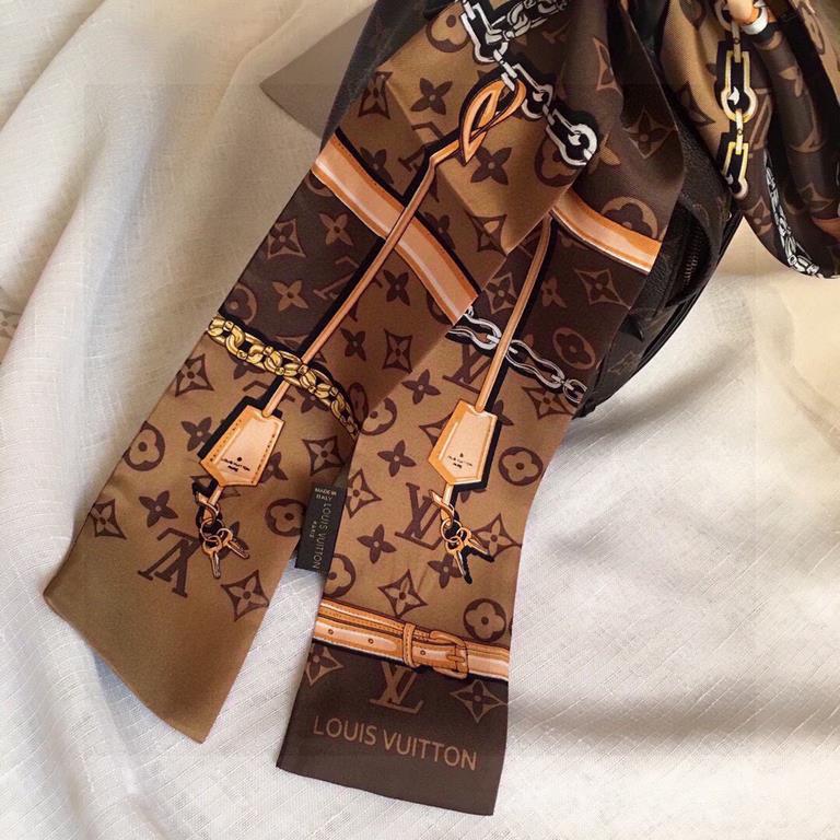 Super nice LV silk scarf! Double layered silk!Multi-purpose, tie it around your bag, use it as a hair tie or a small scarf, all very chic  !It also looks great with a simple bottom or a shirt around your neck!  100% silk